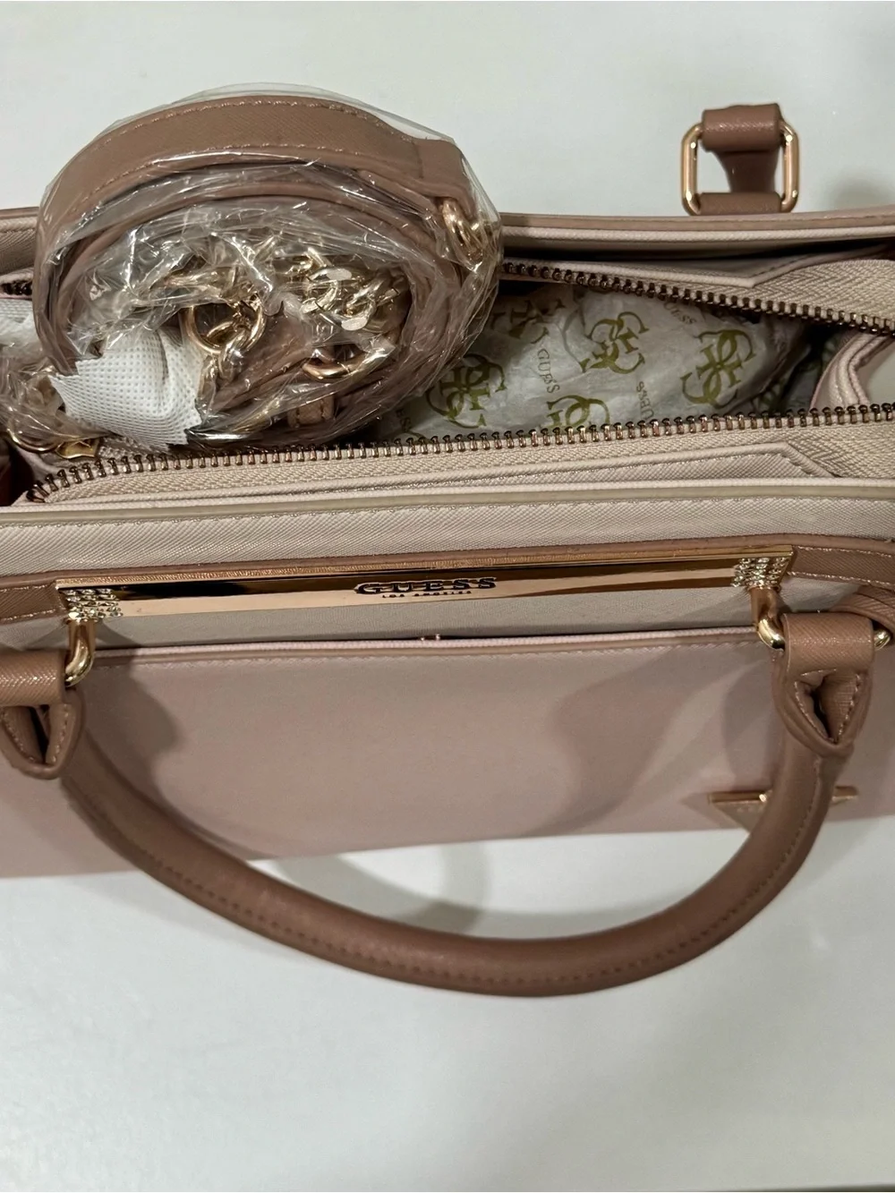 GUESS Blush Pink Satchel Tote | New | Gold Hardware | Structured Handbag
